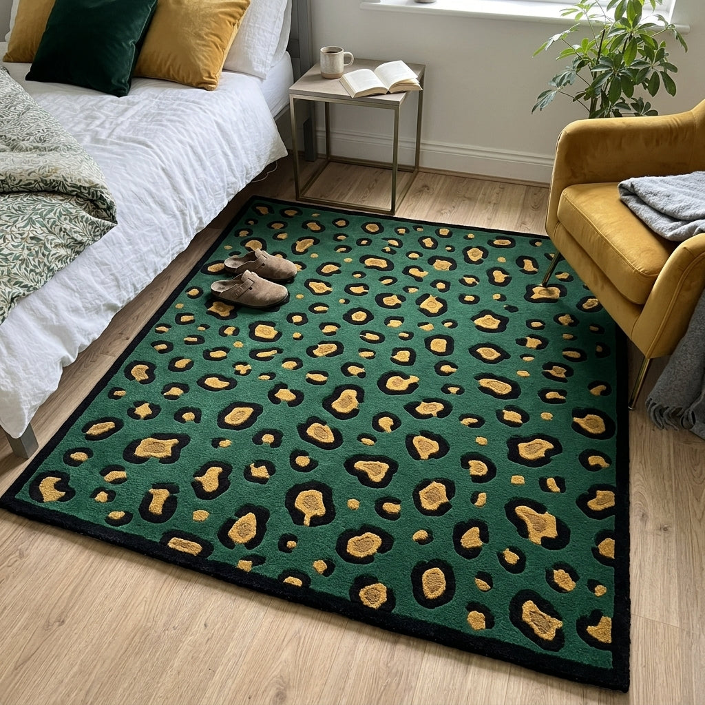 Green Leopard Rug in emerald green with black and ochre rosette spots, featuring a solid black border and plush pile