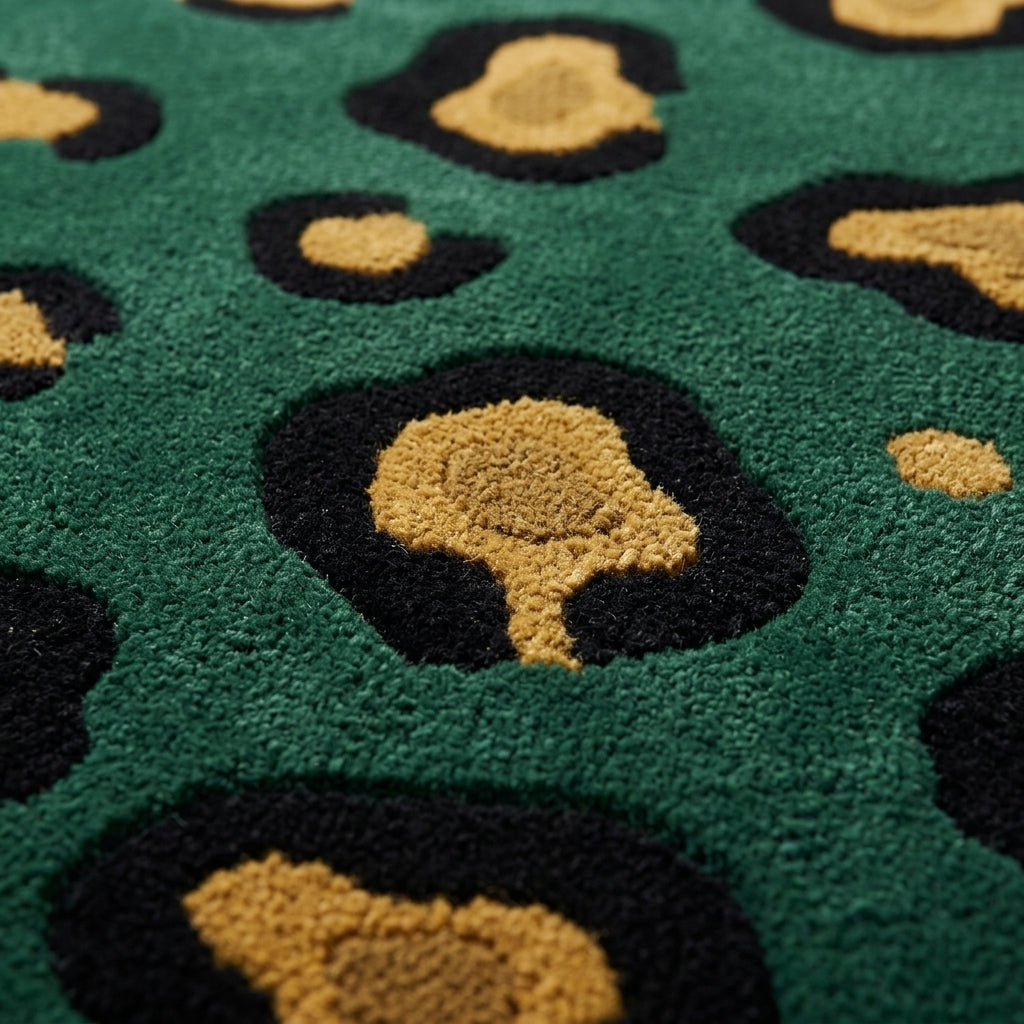 Green Leopard Rug with plush emerald wool pile, black rosettes and golden ochre centres in a sculpted pattern