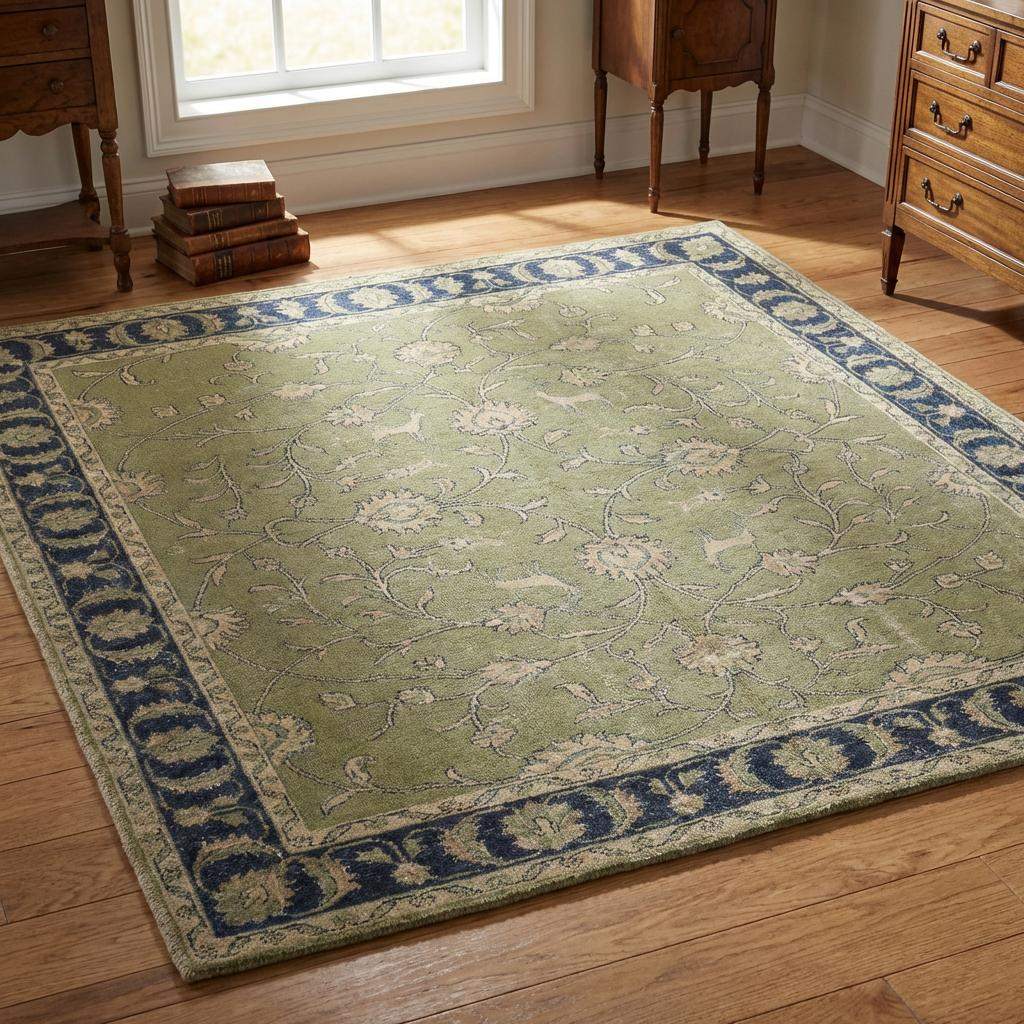 Authentic hand-knotted wool rug showing traditional loom-woven craftsmanship and heirloom quality finish __etsy:7634449587