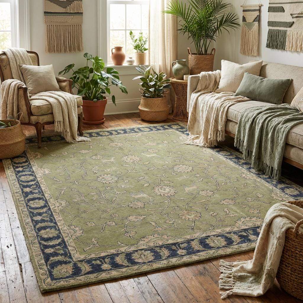 Green Oushak floral animal pattern hand-knotted wool rug with sage green field and navy border