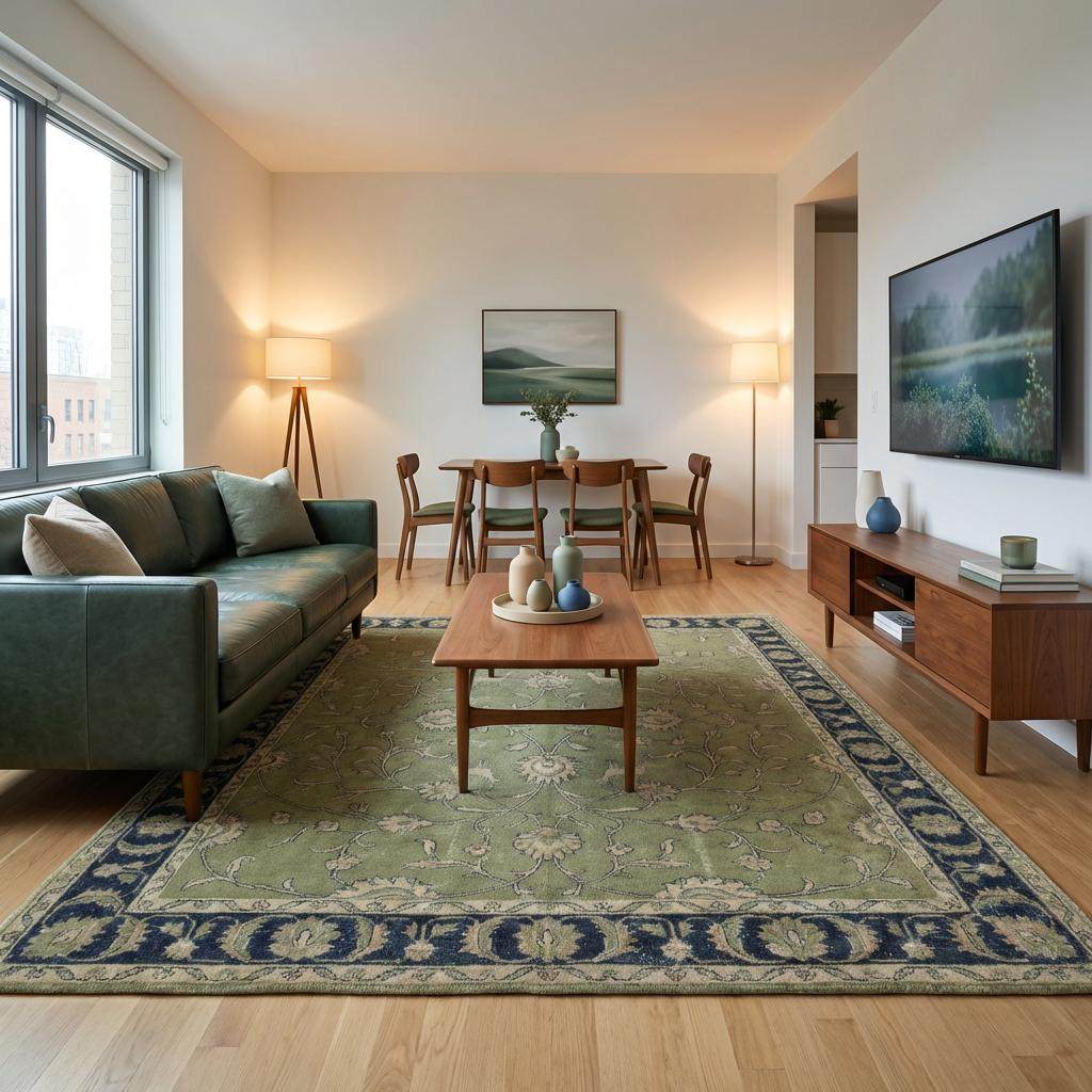 Green Oushak floral animal pattern hand-knotted wool area rug with sage green field and navy border