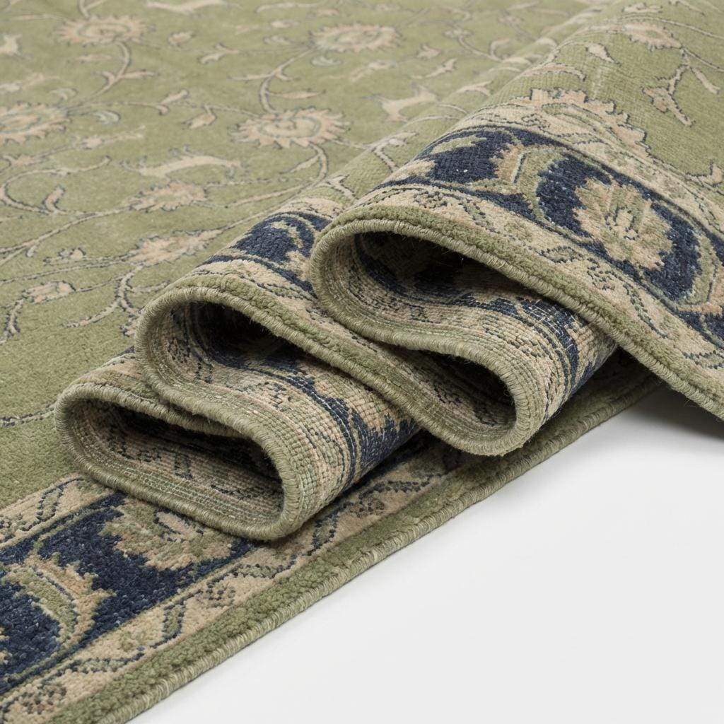 Green Oushak floral animal pattern hand-knotted wool area rug with sage green field and navy border