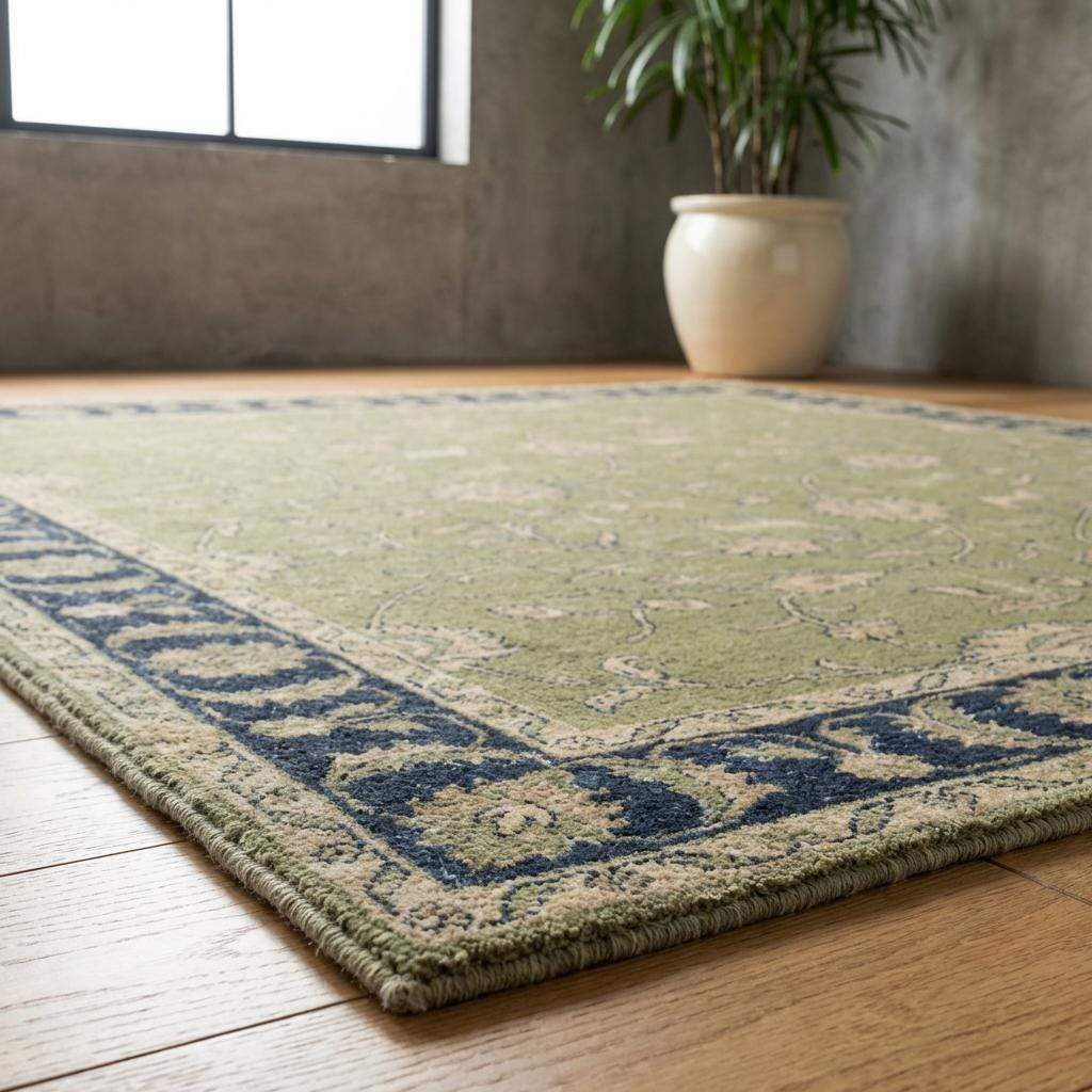 Green Oushak floral hand-knotted wool rug with animal motifs and navy border