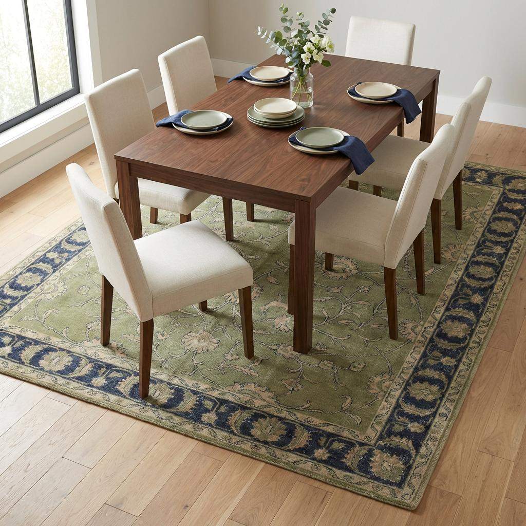 Green Oushak floral animal pattern hand-knotted wool rug with sage green field and navy border