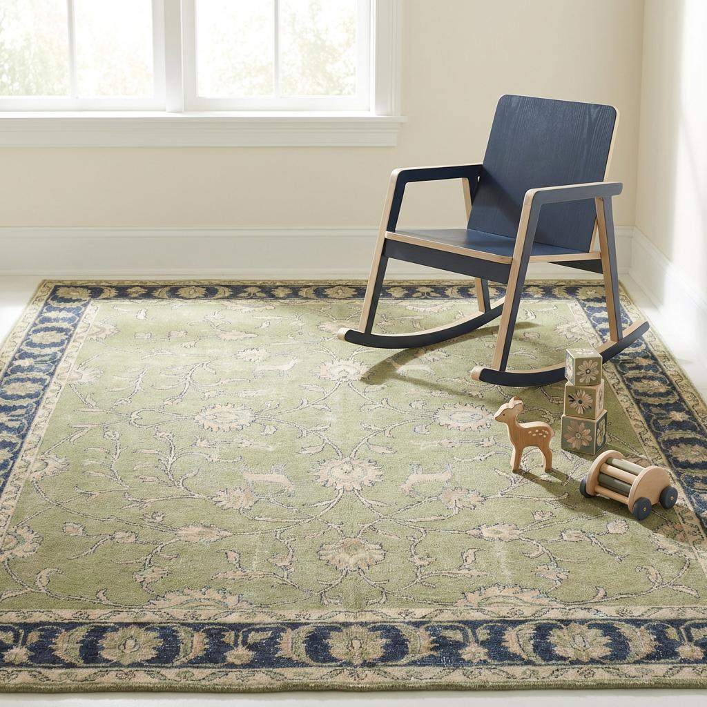 Green Oushak floral animal pattern hand-knotted wool area rug with sage green field and navy border