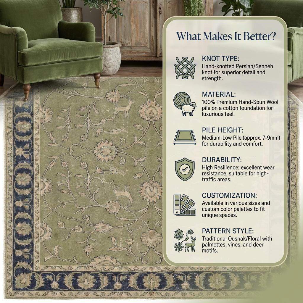 Green Oushak floral animal pattern hand-knotted wool area rug with sage green field and navy border