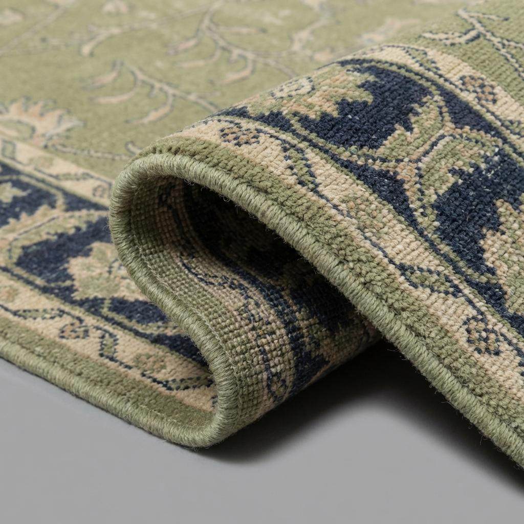 Green Oushak floral animal pattern hand-knotted wool area rug with sage green and navy colors