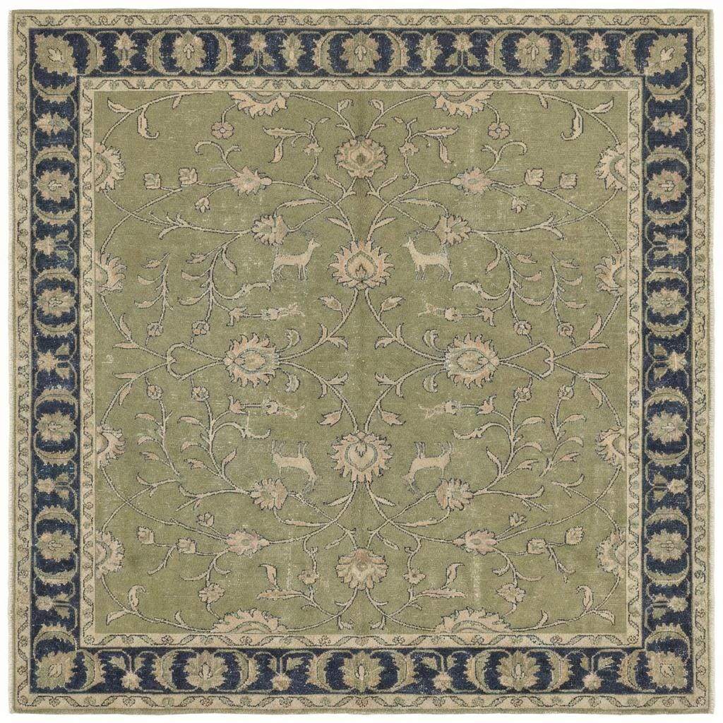 Green Oushak floral animal pattern hand-knotted wool area rug with sage green and navy design
