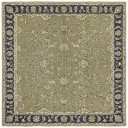 Green Oushak floral animal pattern hand-knotted wool area rug with sage green and navy design
