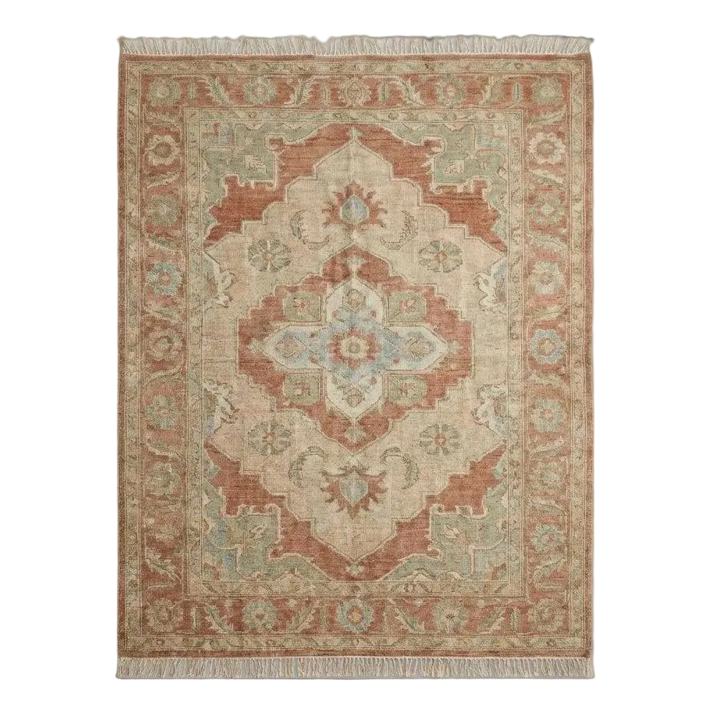 Tapis Oushak noué à la main, tapis en laine terracotta et sauge aux couleurs douces, tapis de style vintage turc