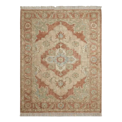 Tapis Oushak noué à la main, tapis en laine terracotta et sauge aux couleurs douces, tapis de style vintage turc