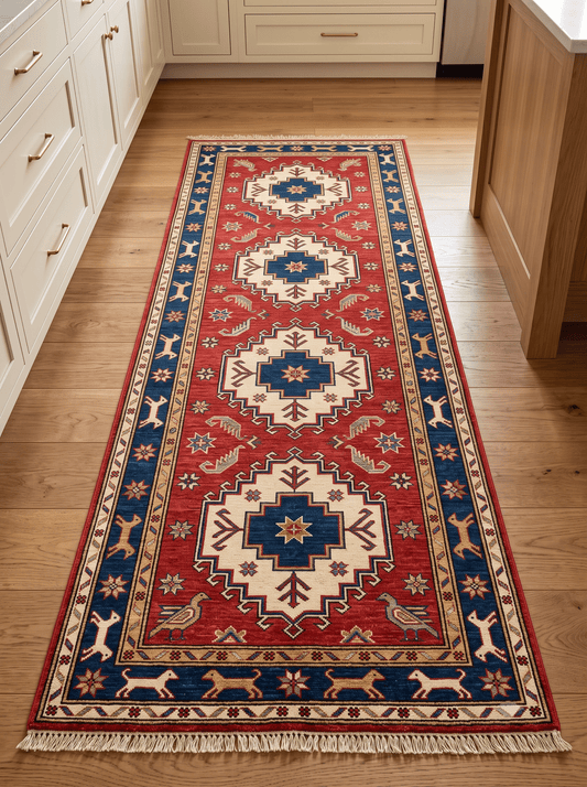 Hand Knotted Oushak Runner Rug in red wool with ivory and navy medallions, camel motifs, animal border and fringe