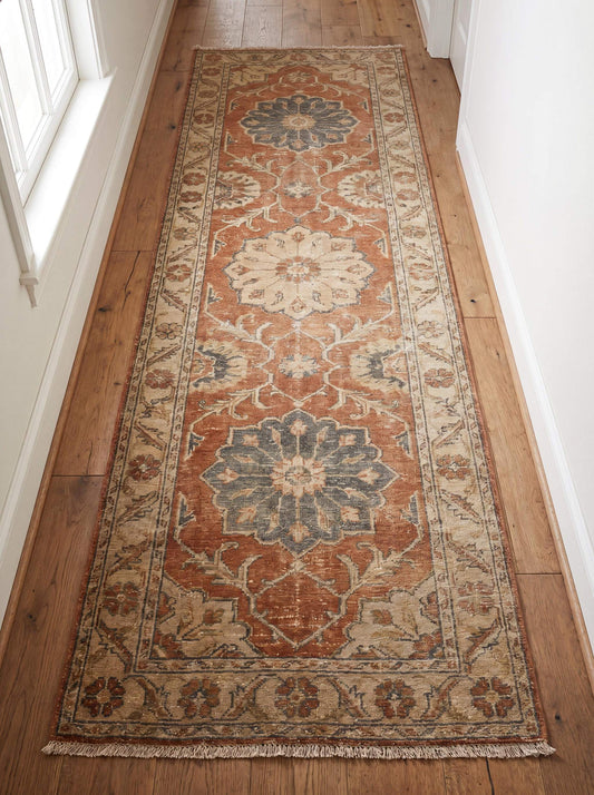 Hand knotted Oushak runner rug with rust floral medallion pattern, vintage Turkish wool hallway carpet for farmhouse decor