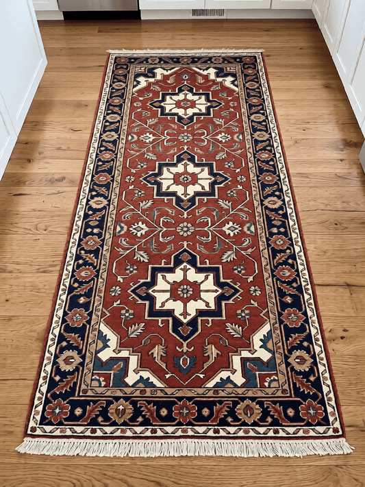 Runner rug, Hand Knotted Oushak Runner Rug in rust red wool with ivory and navy geometric medallions, floral vines and fringed ends.