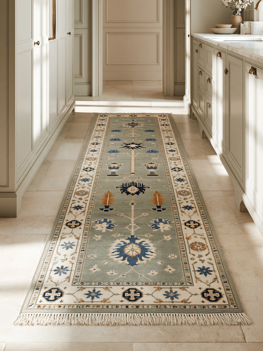 Hand Knotted Oushak Runner Rug in muted sage green wool with an ivory floral border, blue and amber urn motifs, and fringe