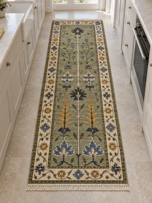 Hand Knotted Oushak Runner Rug in sage green wool with ivory floral border, blue and mustard vase motifs and fringed ends.