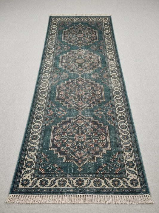 Runner rug, Hand Knotted Oushak Runner Rug in distressed teal wool with four floral medallions, ivory vine border and fringe.