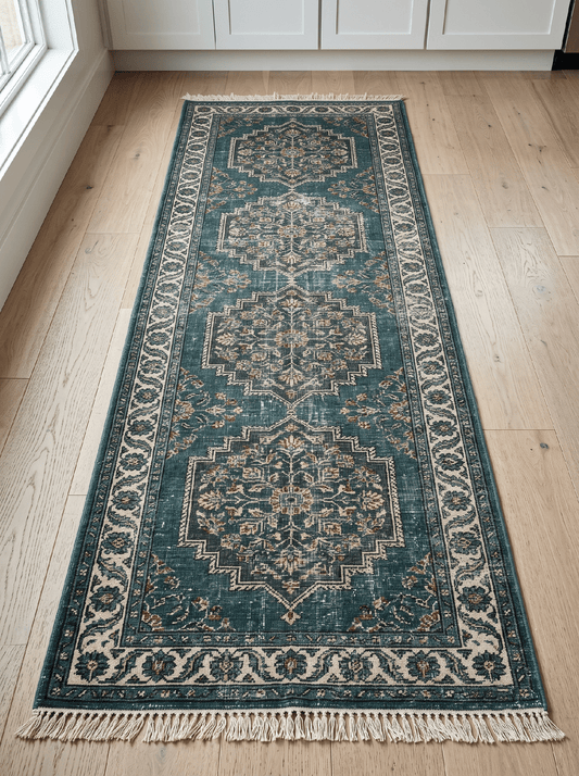 Hand Knotted Oushak Runner Rug in distressed teal wool with four floral medallions, ivory vine border and fringe