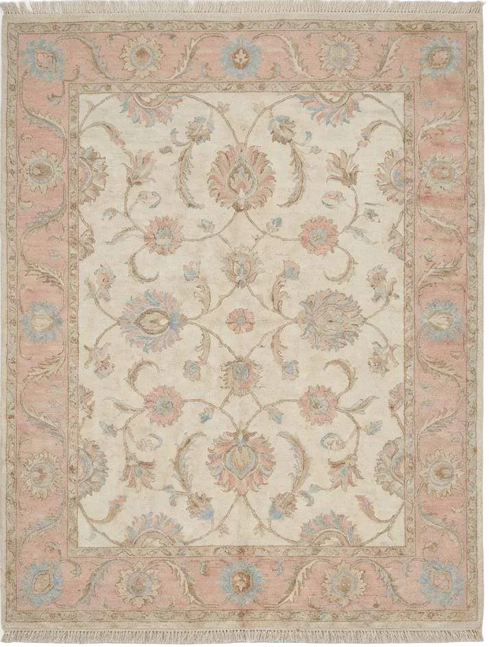 Tapis en laine Oushak noué à la main, motif floral ivoire et rose pour salon