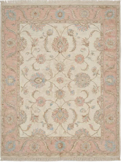 Tapis en laine Oushak noué à la main, motif floral ivoire et rose pour salon