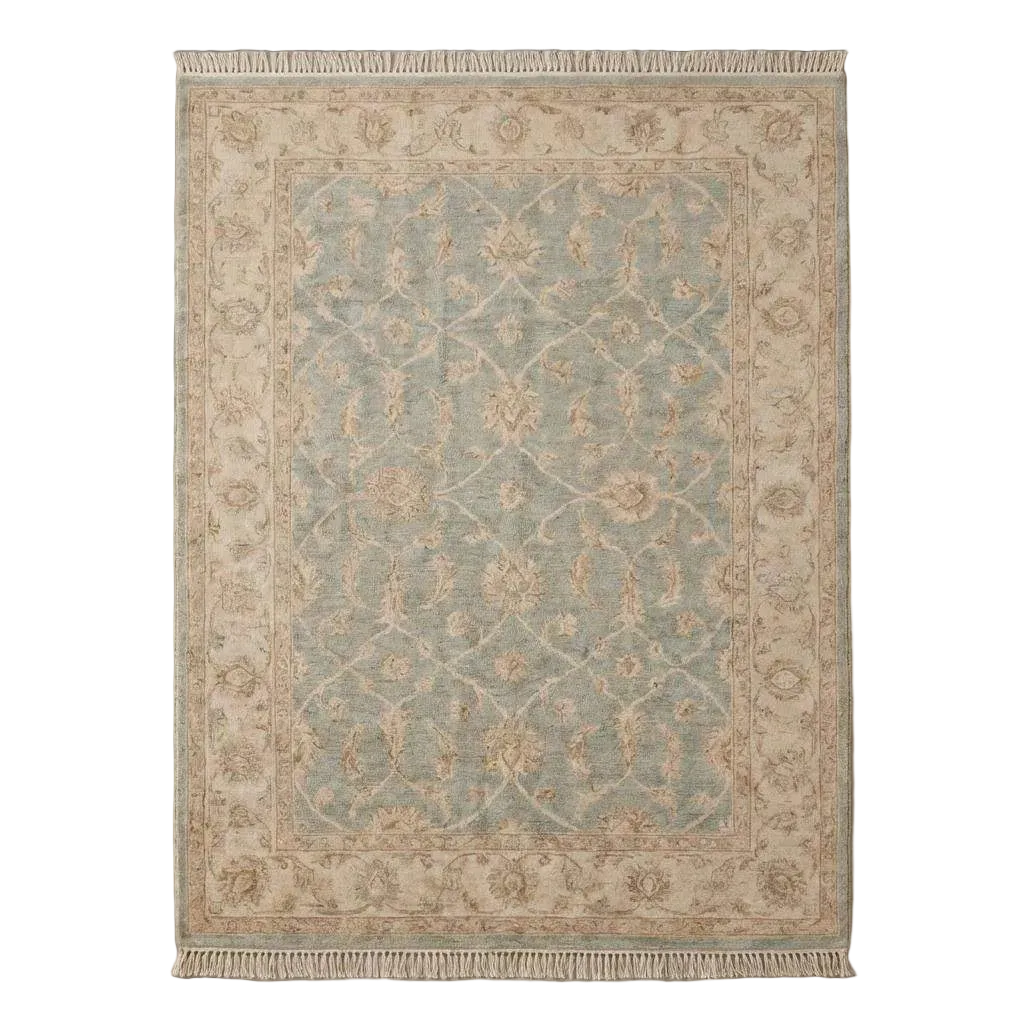 Hand Knotted Oushak Wool Rug – Light Blue Beige Vintage Floral Area Rug for Living Room, Neutral Turkish Style Carpet