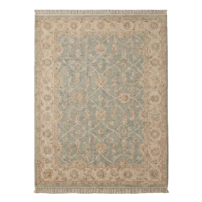 Hand Knotted Oushak Wool Rug – Light Blue Beige Vintage Floral Area Rug for Living Room, Neutral Turkish Style Carpet