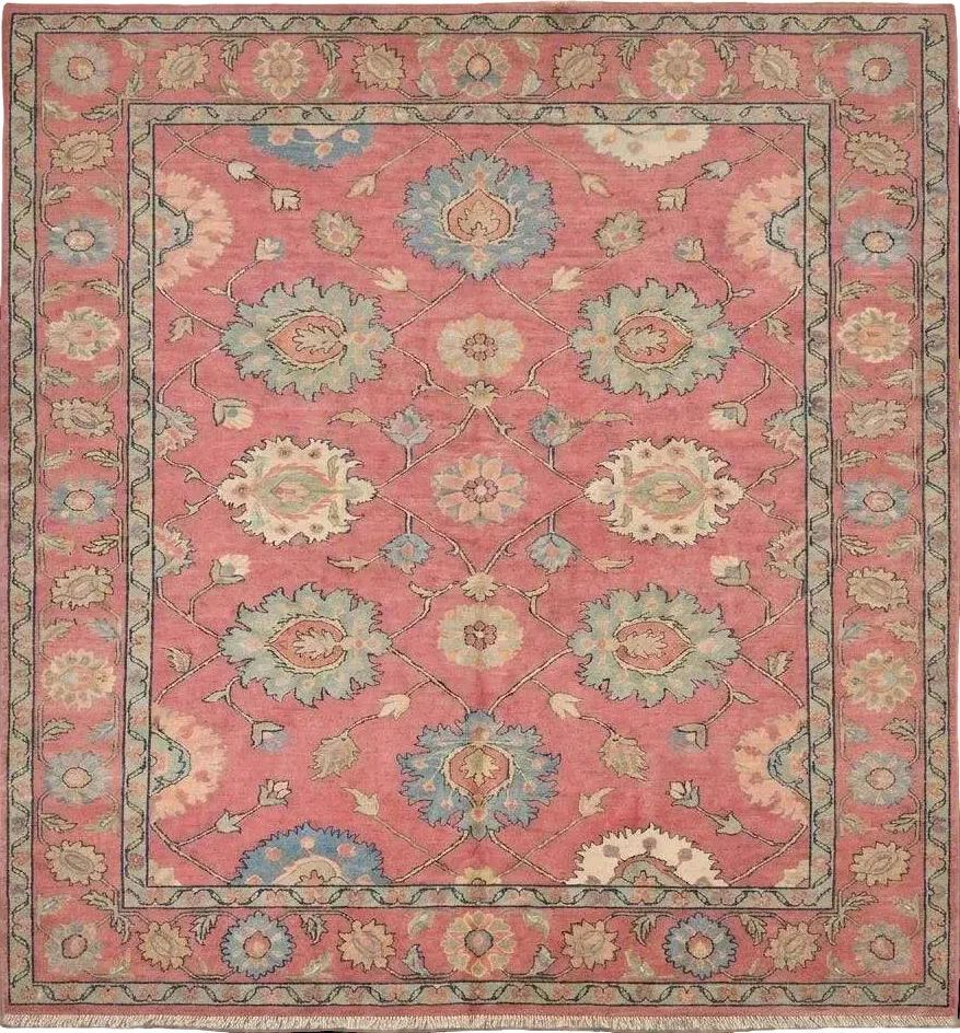 Hand Knotted Pink Oushak Rug, Floral Area Carpet for Living Room, Vintage Turkish Style Wool Rug