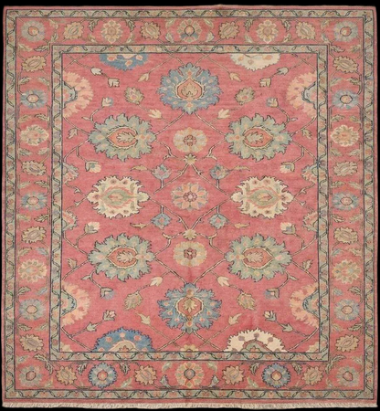 Hand Knotted Pink Oushak Rug, Floral Area Carpet for Living Room, Vintage Turkish Style Wool Rug