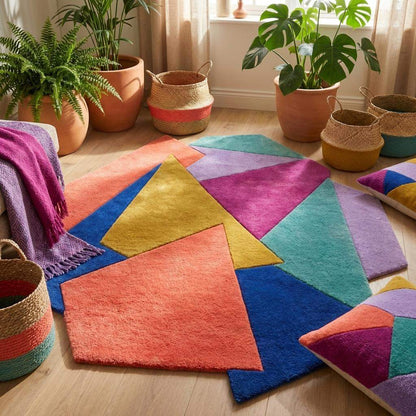 Hand tufted abstract geometric rug with vibrant color blocks and modern irregular shape