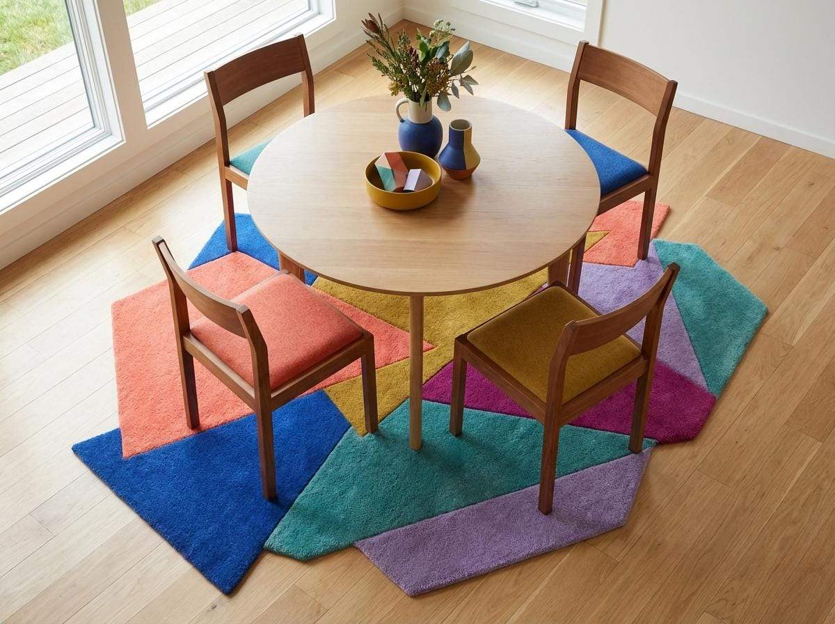 Hand tufted abstract geometric rug with modern color block design and plush texture in contemporary interior setting