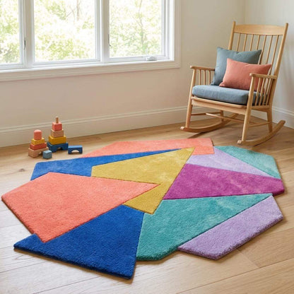 Hand tufted abstract geometric rug with modern color block design and plush wool pile in irregular shape