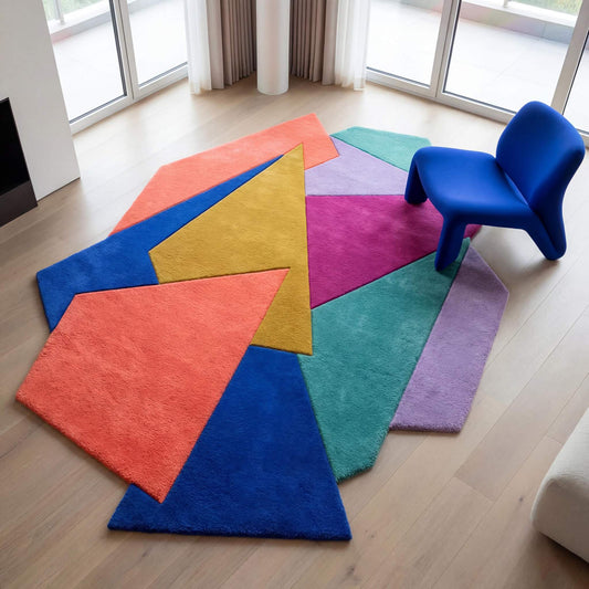 Hand tufted abstract geometric rug with modern color blocks and plush texture in irregular shape