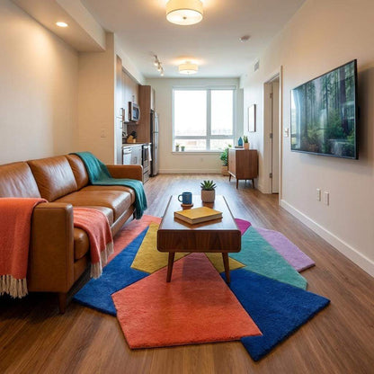 Hand tufted abstract geometric rug with modern color block design and plush wool pile