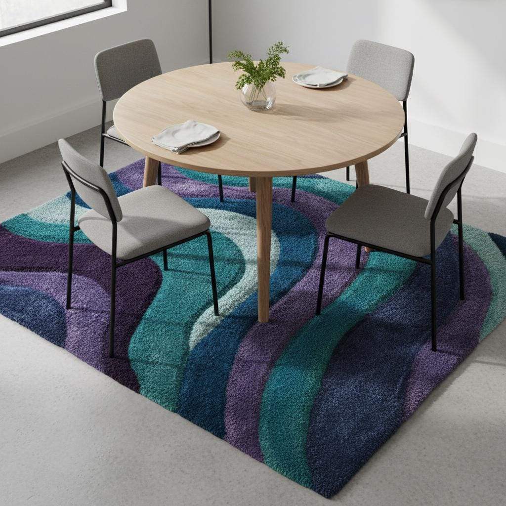 Hand tufted retro abstract wave area rug with plush high-pile texture in teal, blue, purple, and mint tones