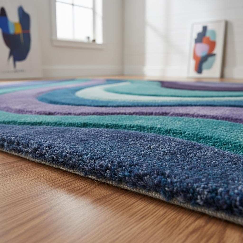 Flowing wave pattern detail of a retro abstract rug showcasing layered curves and organic movement in cool color tones. __etsy:7591915023