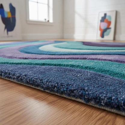 Flowing wave pattern detail of a retro abstract rug showcasing layered curves and organic movement in cool color tones. __etsy:7591915023