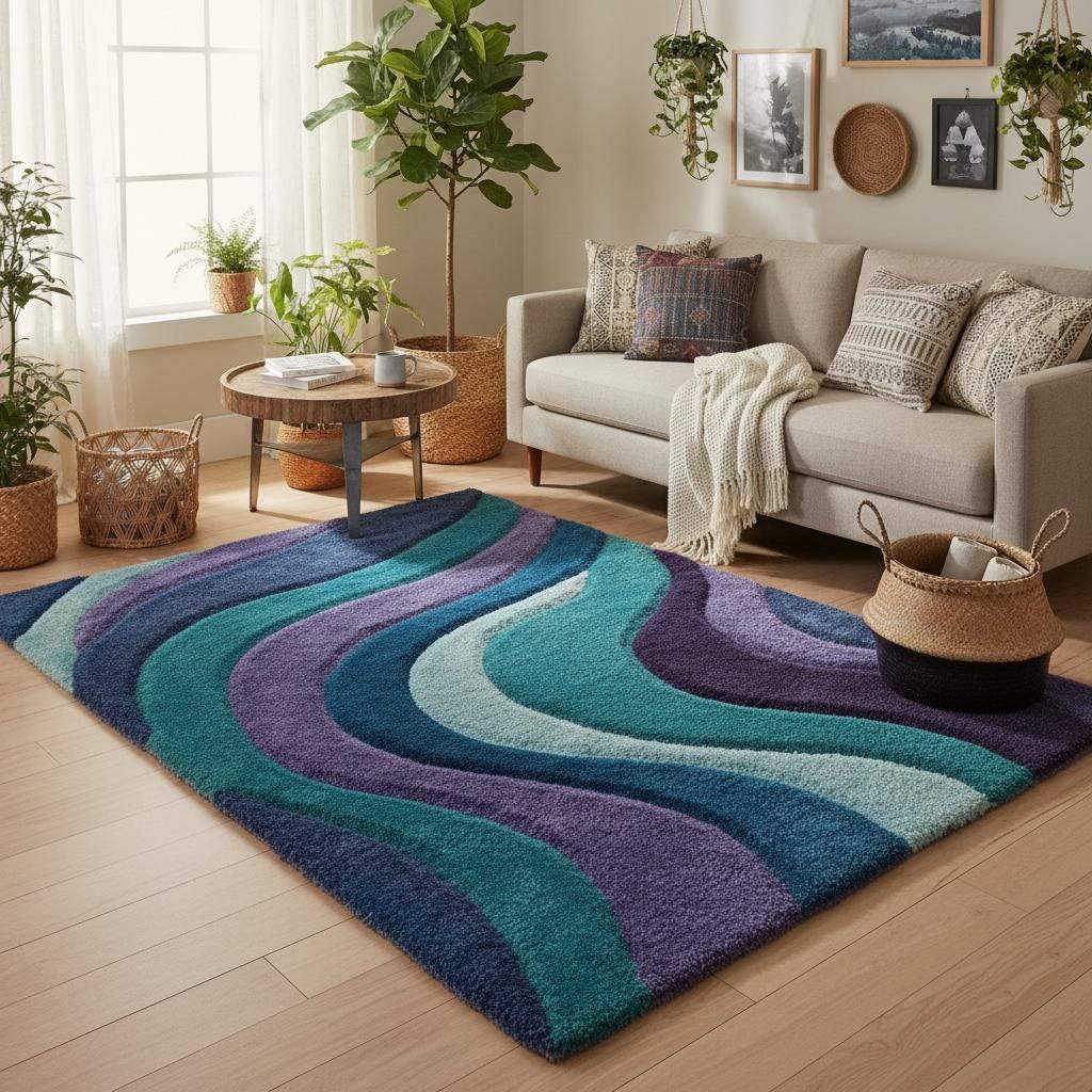 Hand tufted area rug with retro abstract wave design in teal, blue, purple, and mint tones, plush high-pile finish