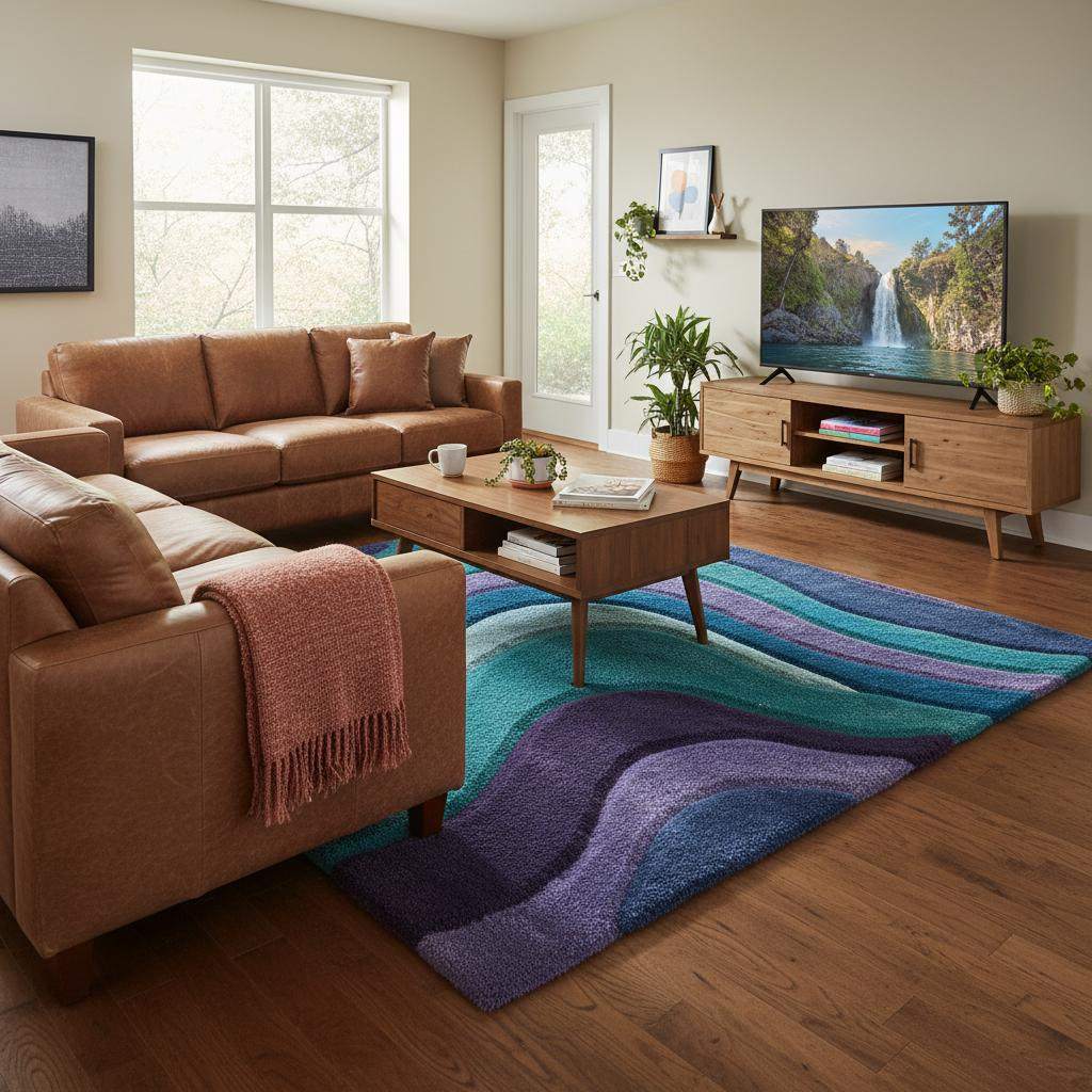 Hand tufted retro abstract wave area rug with plush high-pile in teal, blue, purple, and mint tones