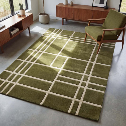 Hand tufted olive green geometric rug with cream grid pattern in modern mid century living room interior __etsy:7837963185