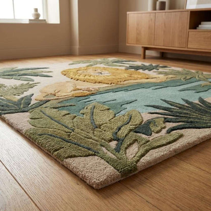 Hand tufted lion area rug with jungle theme and wool pile for kids room decor