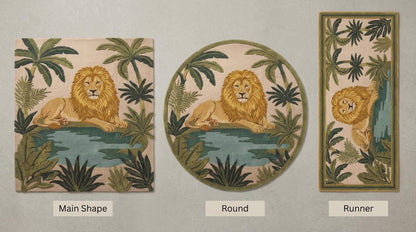 Hand tufted lion area rug with jungle leaves design in green wool for kids room decor