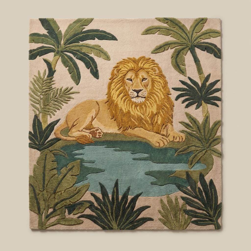 Hand tufted lion area rug with jungle leaves design in green wool for kids room decor