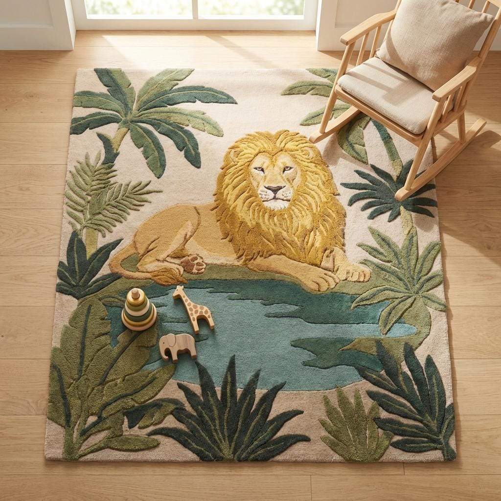 Hand tufted lion area rug with jungle theme and tropical green wool design for kids room decor