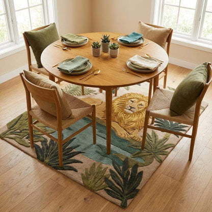Hand tufted lion area rug with lush jungle leaves, thick wool pile, and carved texture for kids room or home decor