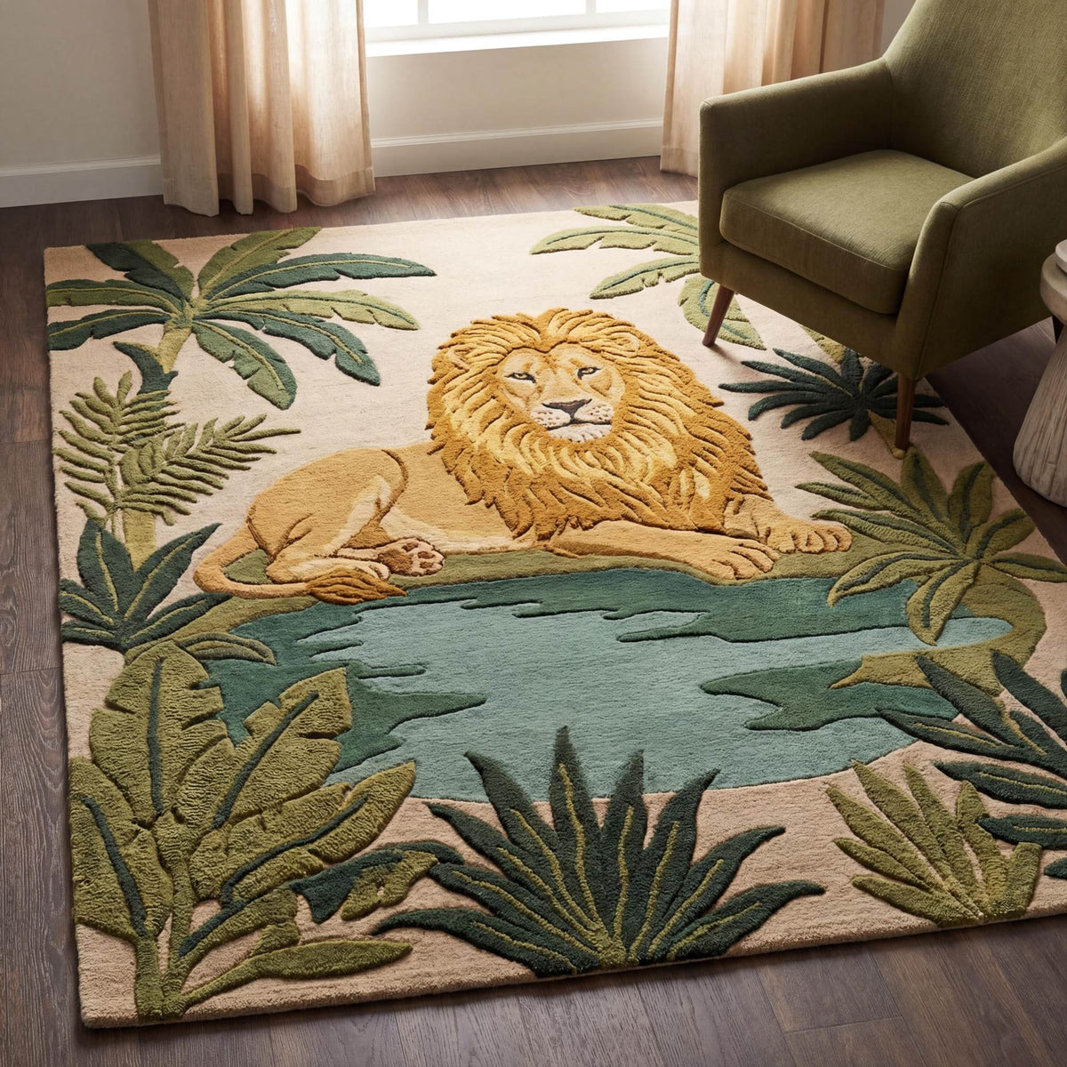 Hand tufted lion area rug with jungle leaves, wool safari carpet for kids room decor in green and beige tones __etsy:7826510604