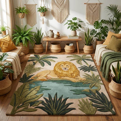 Hand tufted lion area rug with carved lion and jungle leaves design, soft wool safari carpet for kids room decor