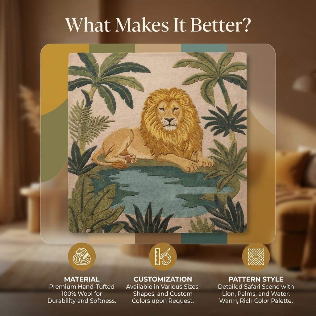 Hand tufted lion area rug with jungle theme and soft wool pile for kids room decor