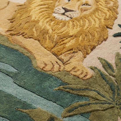 Hand tufted lion area rug with jungle theme and plush wool pile for kids room and home decor