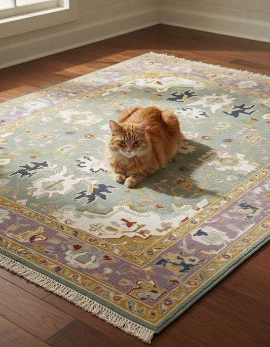Hand-tufted wool area rug with vintage pastel medallion and Boho Persian floral design