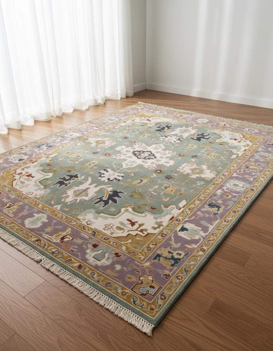 Hand-tufted wool area rug with vintage pastel medallion and Boho Persian floral design
